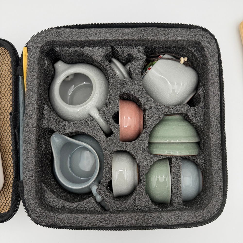 Chateau La Derive Ceramic Travel Tea Set Crackle Glaze Teapot Bamboo Tray Case
